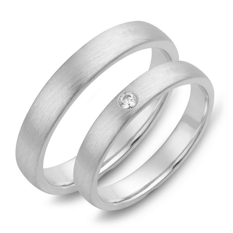 Set de Verighete Aur Alb 14kt cu un Diamant Rotund Briliant, Profil Rotunjit Finisaj Periat-img1