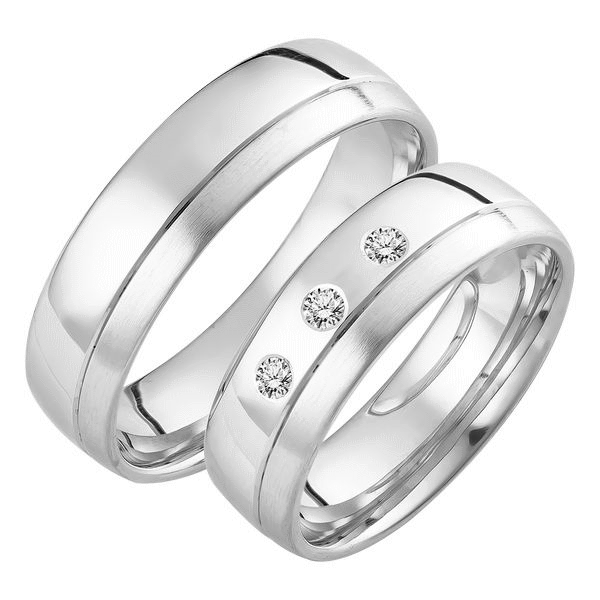 Set de Verighete Aur Alb 14kt cu 3 Diamante Rotund Briliant cu Finisaj Periat si Lucios, Profil Rotunjit-img1