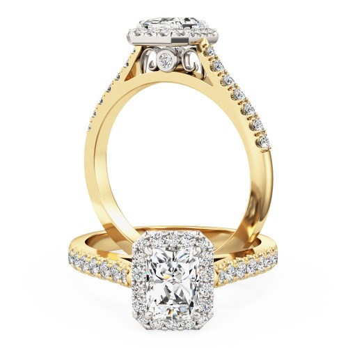 Inel de Logodna cu Diamante Dama Aur Galben si Alb 18kt cu Diamant Central Radiant, Stil Halo si Diamante Laterale-img1