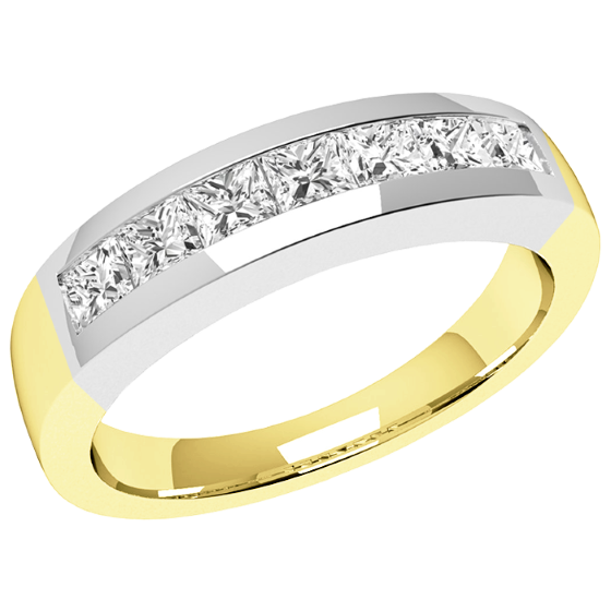 Inel Semi Eternity Dama Aur Galben & Alb, 18kt cu 7 Diamante Princess in Setare Canal in Stoc-img1