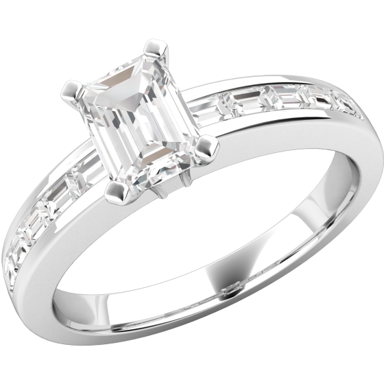 Single Stone Engagement Ring With Shoulders for Women in Platinum with an Emerald Cut Centre and Baguette Shoulder Diamonds-img1