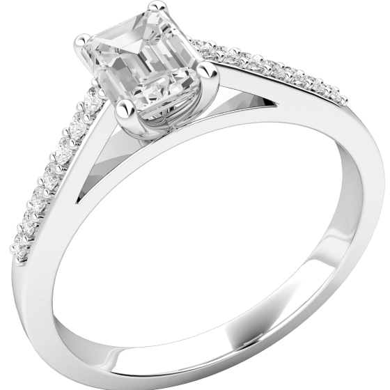 Single Stone Engagement Ring With Shoulders for Women in 18ct White Gold with an Emerald Cut Centre and Round Shoulder Diamonds-img1
