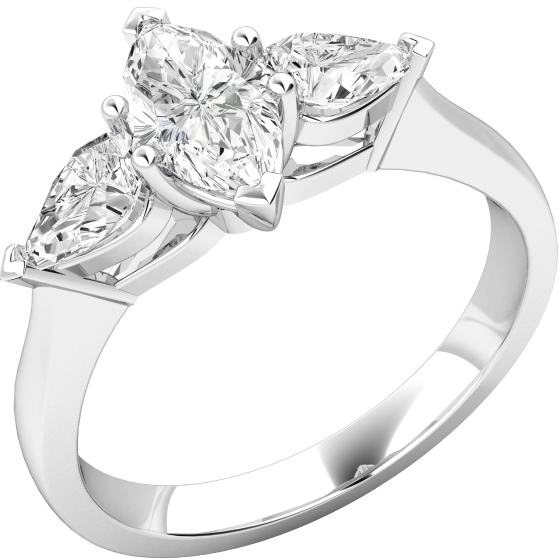 Three Stone Ring/Single Stone Engagement Ring With Shoulders for women in platinum with a marquise cut centre and two pear shoulder diamonds-img1