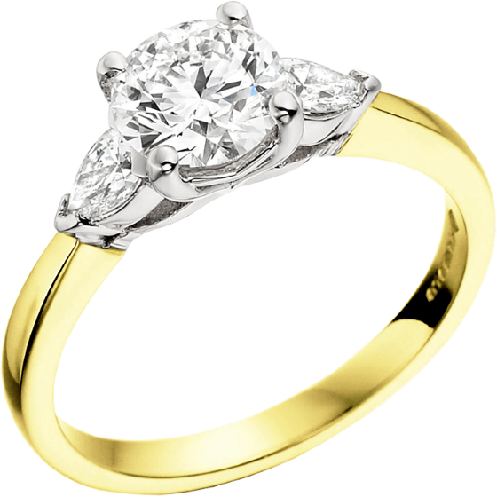 Single Stone Engagement Ring With Shoulders/Three Stone Ring for women in 18ct yellow and white gold with a round brilliant cut diamond and two pear diamonds-img1