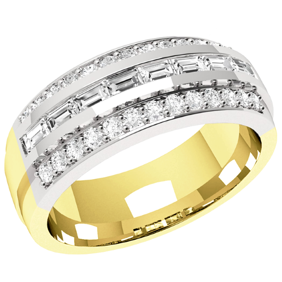 Half Eternity Ring/Dress Cocktail Ring for women in 18ct yellow and white gold with 8 baguette diamonds and 26 small round diamonds surrounding-img1