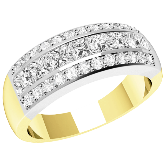 Halb Eternity Ring/Cocktail Ring mit Diamanten für Dame in 18kt Gelbgold und Weißgold mit 7 Princess Schliff Diamanten und 24 runden Diamanten-img1