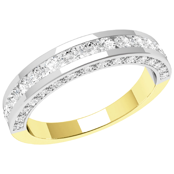 Half Eternity Ring for women in 18ct yellow and white gold with round diamonds in the centre and on both sides-img1