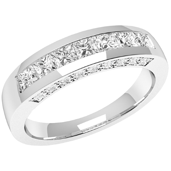 Half Eternity Ring for women in platinum with 7 princess cut diamonds and round diamonds in either side-img1