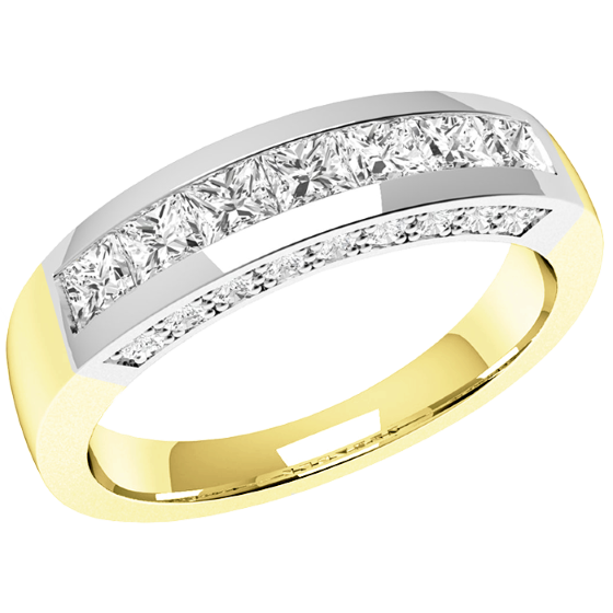 Half Eternity Ring for women in 18ct yellow and white gold with 7 princess cut diamonds and round diamonds in either side-img1
