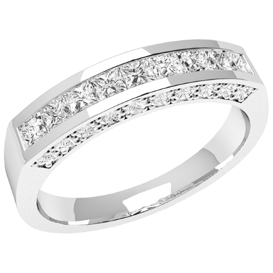 Half Eternity Ring for women in platinum with 9 princess cut diamonds and 10 round diamonds on either side-img1