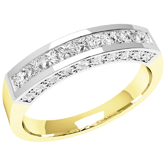Half Eternity Ring for women in 18ct yellow and white gold with 9 princess cut diamonds and 10 round diamonds on either side-img1