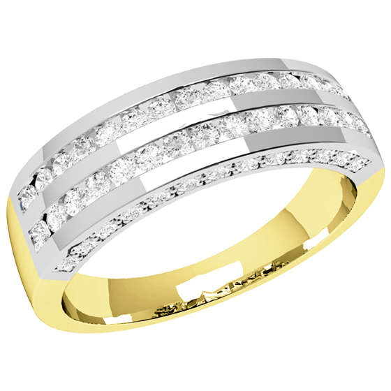 Half Eternity Ring for women in 18ct yellow and white gold with round diamonds in 2 rows and small diamonds on either side-img1