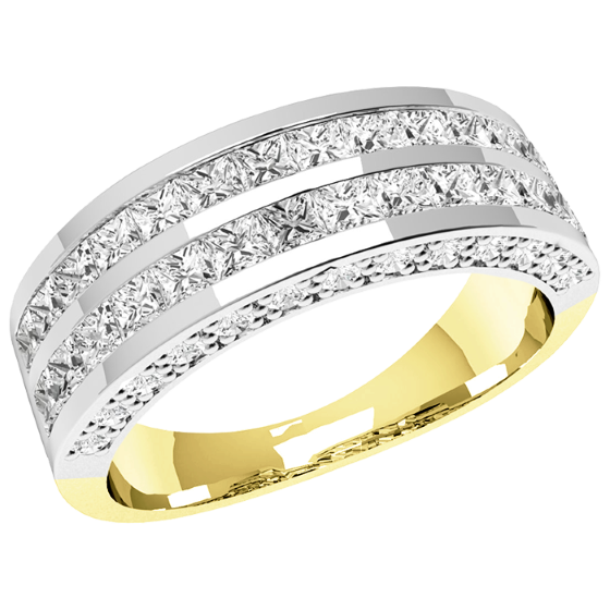 Half Eternity Ring/Diamond Set Wedding Ring for women in 18ct yellow white gold with princess cut diamonds arranged over 2 rows and round diamonds on either side-img1