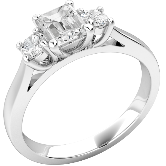 Three Stone Ring/Engagement Ring for women in platinum with an emerald cut centre & two round diamonds-img1