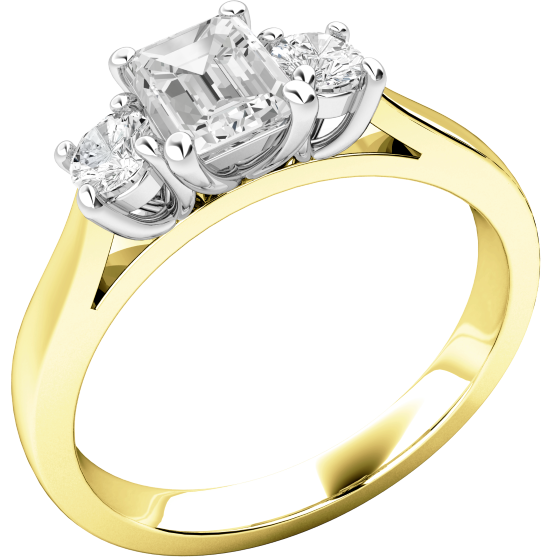 Three Stone Ring/Engagement Ring for women in 18ct yellow and white gold with an emerald cut centre & two round diamonds-img1