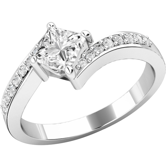 Single Stone Engagement Ring With Shoulders for Women in 18ct White Gold with a Princess Cut Centre and Round Brilliant Cut Diamond Shoulders-img1
