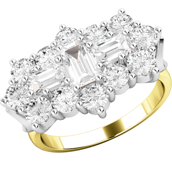 Cocktail Ring mit Diamanten/Verlobungsring im Cluster Stil für Dame in 18kt Gelbgold und Weißgold mit Baguette und runden Brillant Schliff Diamanten Cluster Ring-img1