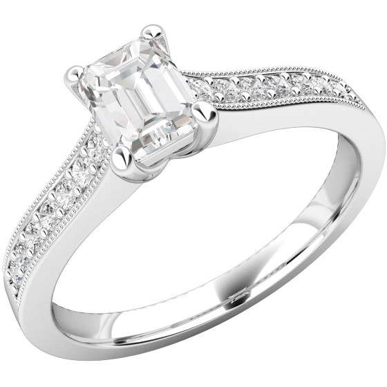 Single Stone Engagement Ring With Shoulders for Women in Platinum with an Emerald Cut Diamond in the Centre with 7 Round Brilliant Cut Diamonds on the Shoulders in a Claw Setting-img1