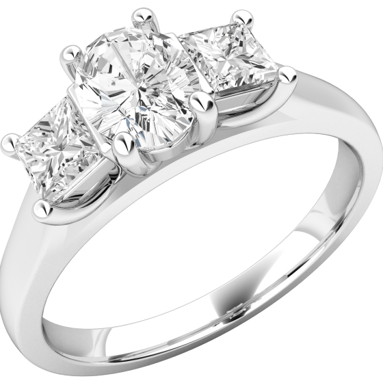 Three Stone Ring/Engagement Ring for women in platinum with an oval diamond in the centre and a princess cut diamond either side, all in a claw setting-img1