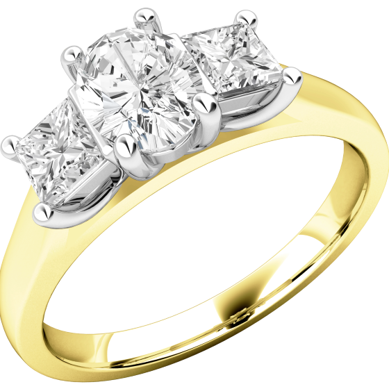 Three Stone Ring/Engagement Ring for women in 18ct yellow and white gold with an oval diamond in the centre and a princess cut diamond either side, all in a claw setting-img1