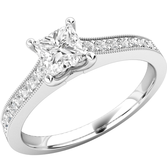 Single Stone Engagement Ring With Shoulders for Women in 18ct White Gold with a Princess Cut Diamond in the Centre with 7 Round Brilliant Cut Diamonds on the Shoulders in a Claw Setting-img1