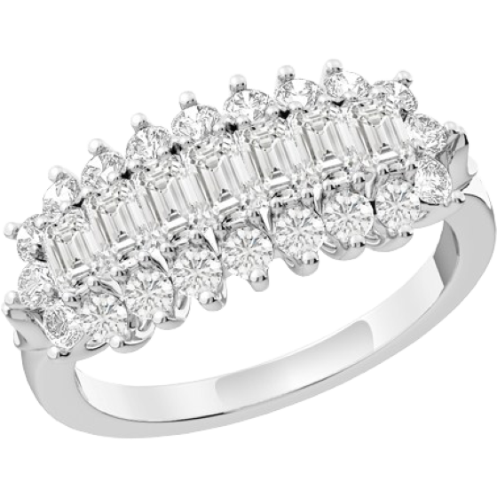 RD501W Dress Cocktail Ring for Women in 18ct white gold with 7 baguette cut diamonds and 20 round brilliant cut diamonds all in a claw setting-img1