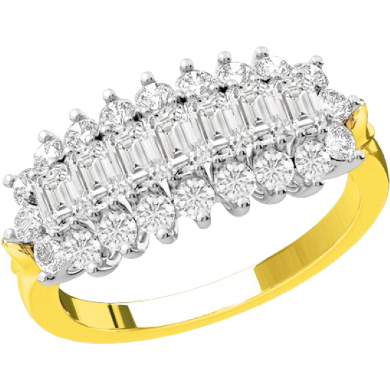 Dress Cocktail Ring for Women in 18ct yellow and white gold with 7 baguette cut diamonds and 20 round brilliant cut diamonds all in a claw setting-img1
