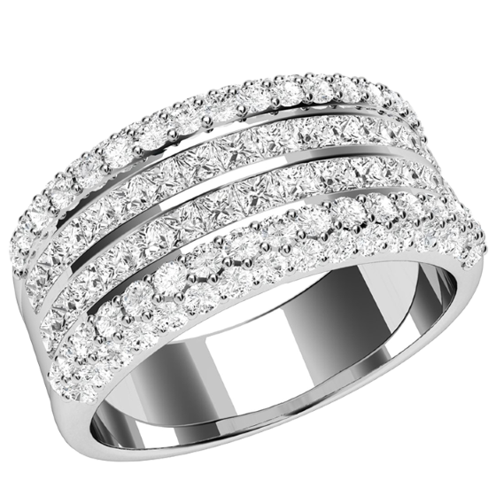 Dress Cocktail Ring for Women in platinum with princess cut diamonds in channel setting 2 rows with round brilliant cut diamonds in pave setting on either side-img1