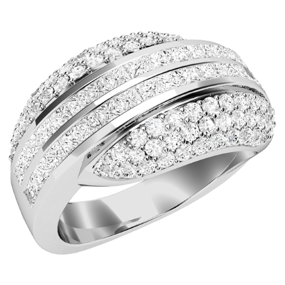 Dress Cocktail Ring for Women in platinum with princess cut diamonds in 2 rows and round brilliant cut diamonds in 3 rows either side-img1