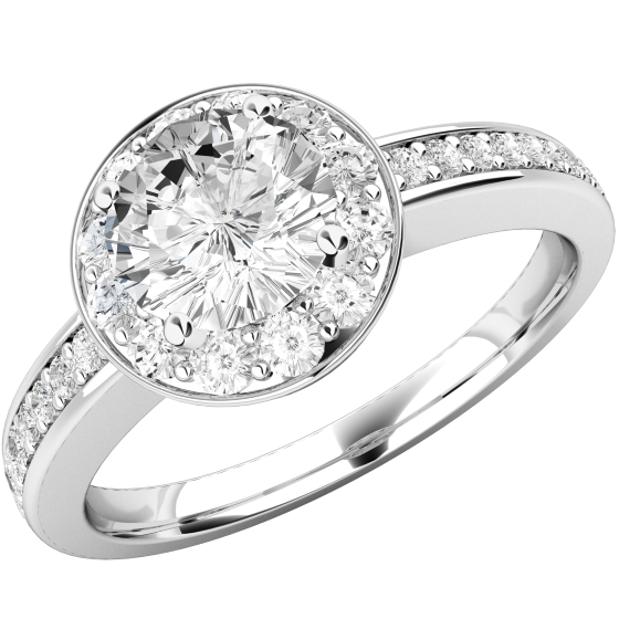 Art Deco Style Ring/Single Stone Engagement Ring with Shoulders for Women in platinum with a round brilliant cut diamond in a 4-claw setting in the centre, surrounded by small round brilliant cut diamonds-img1