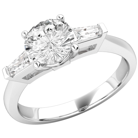 Three Stone Ring/Single Stone Engagement Ring With Shoulders for Women in Platinum with a Round Brilliant Cut Diamond and a Tapered Baguette Cut Diamond on Either Side-img1