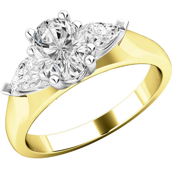 Three Stone Ring/Engagement Ring for women in 18ct yellow and white gold with an oval cut and two pear-shaped diamonds-img1