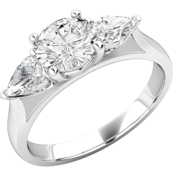 Single Stone Engagement Ring With Shoulders/Three Stone Ring for women in platinum with a round brilliant cut diamond and a pear shape diamond on either side all in a claw setting-img1