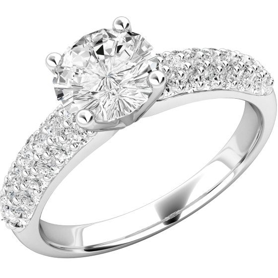 Single Stone Engagement Ring With Shoulders for Women in 18ct White Gold with a Round Brilliant Cut Diamond Centre and 3 Rows of Diamonds on the Shoulders-img1