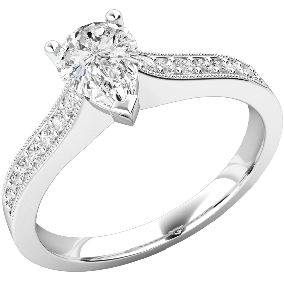 Single Stone Engagement Ring With Shoulders for Women in 18ct White Gold with a Pear-Shaped Centre Stone and Smaller Round Brilliant Cut Diamonds on Either Side-img1