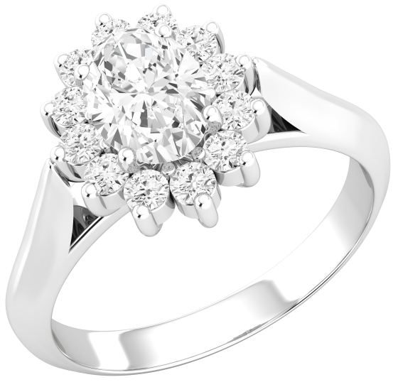 Dress Cocktail Ring/Diamond Cluster Engagement Ring for Women in 18ct white gold with an oval diamond centre, sorrounded by round brilliant cut diamonds all in a claw setting-img1