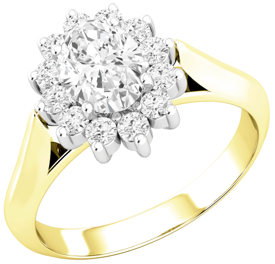 Dress Cocktail Ring/Diamond Cluster Engagement Ring for Women in 18ct yellow and white gold with an oval diamond centre, sorrounded by round brilliant cut diamonds all in a claw setting-img1