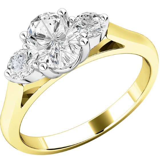 Three Stone Engagement Ring For Women in 18ct Yellow and White Gold with an Oval Cut Diamond and a Round Brilliant Cut Diamond on Either Side, all in a Claw Setting-img1