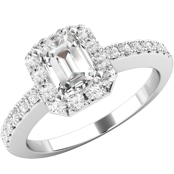 RD580W- Art Deco Style Ring for Women in 18ct white gold with an emerald cut centre diamond and round brilliant cut diamonds surrounding it, all in a claw setting-img1