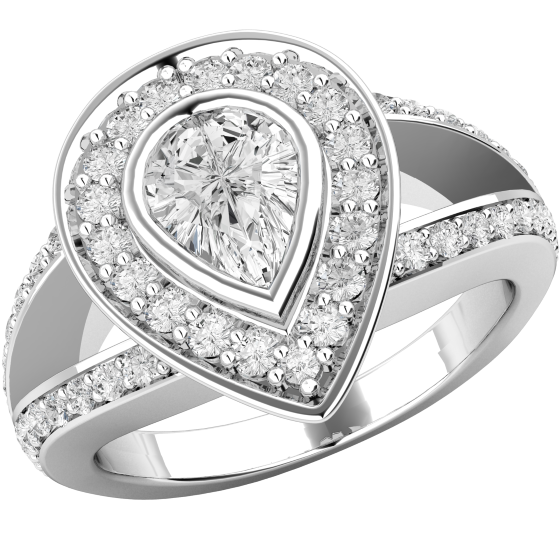 Art Deco Style Ring/Diamond Cluster Engagement Ring for Women in 18ct white gold with a pear-shaped diamond centre in a rub-over setting and claw set round brilliant cut diamonds surrounding it-img1