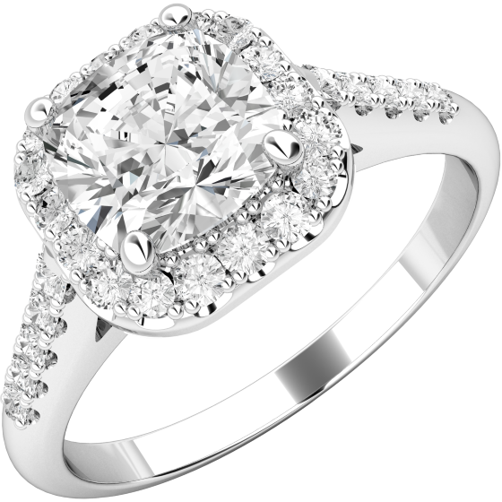 Art Deco Style Ring/Diamond Cluster Engagement Ring for Women in platinum with a cushion cut centre stone surrounded by small round brilliant cut diamonds all in a claw setting-img1