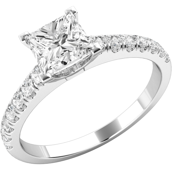 Single Stone Engagement Ring With Shoulders for Women in Platinum with a Princess Cut Diamond Centre and Small Round Brilliant Cut Diamond Shoulders-img1