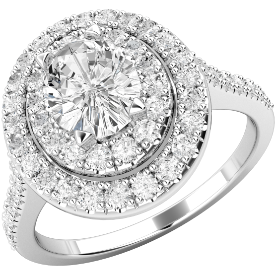 RD619W - 18ct white gold hallo cluster with a central oval cut diamond surrounded by 2 tiers of small round brilliant cut diamonds all in a claw setting.-img1