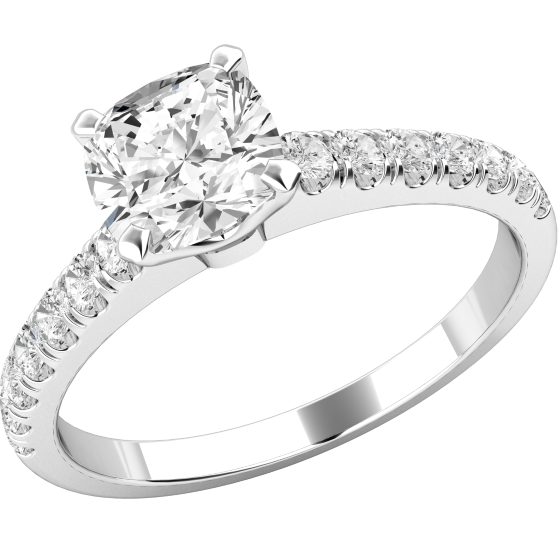 Single Stone Engagement Ring With Shoulders for Women in 18ct White Gold with a Cushion Cut Diamond Centre and Small Round Brilliant Cut Diamond Shoulders-img1