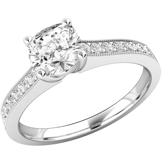 Single Stone Engagement Ring With Shoulders for Women in Platinum with a Cushion Cut Diamond Centre and 7 Round Brilliant Cut Diamonds on the Shoulders in a Claw Setting-img1
