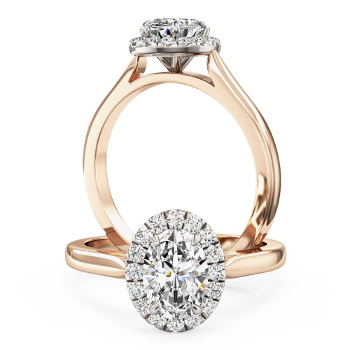 Inel Logodna cu Diamante Dama Aur Roz&Alb 18ct Stil Halo cu un Diamant Oval Inconjurat de Briliante Stralucitoare-img1