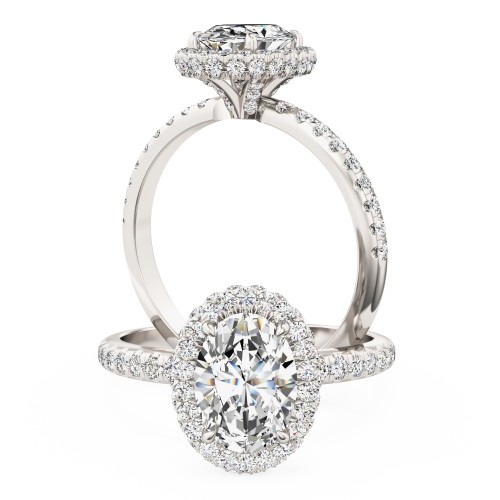 Inel de Logodna Solitaire cu Diamante Mici pe Lateral Dama Aur Alb 18kt cu Diamant Central Oval, Stil Halo-img1