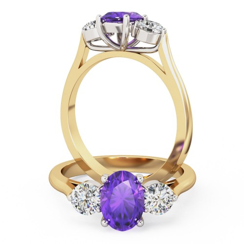 Inel de Logodna cu 3 Diamante Dama Aur Galben&Alb 18kt cu un Ametist Oval si 2 Diamante Rotunde Briliant-img1