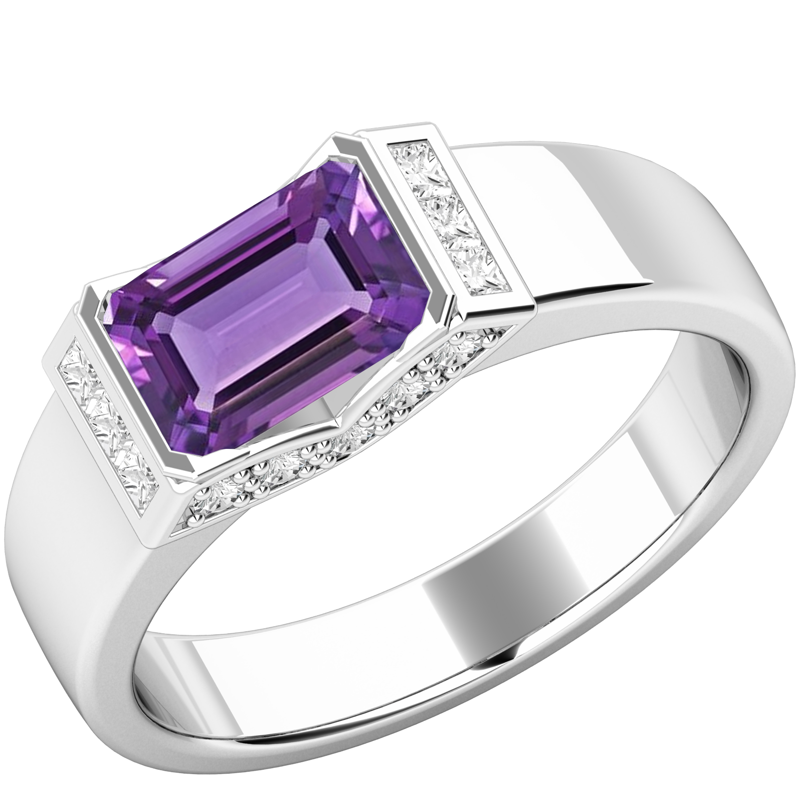Inel Dama Aur Alb 18kt cu Ametist si Diamante,cu un Ametist Taiat Smarald,Rub Over,cu Diamante Taiat Princess in 3 Canale-img1