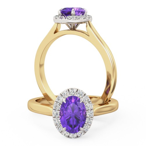 Inel Logodna cu Diamante Dama Aur Galben&Alb 18ct Stil Halo cu un Ametist Oval Inconjurat de Briliante Rotunde-img1